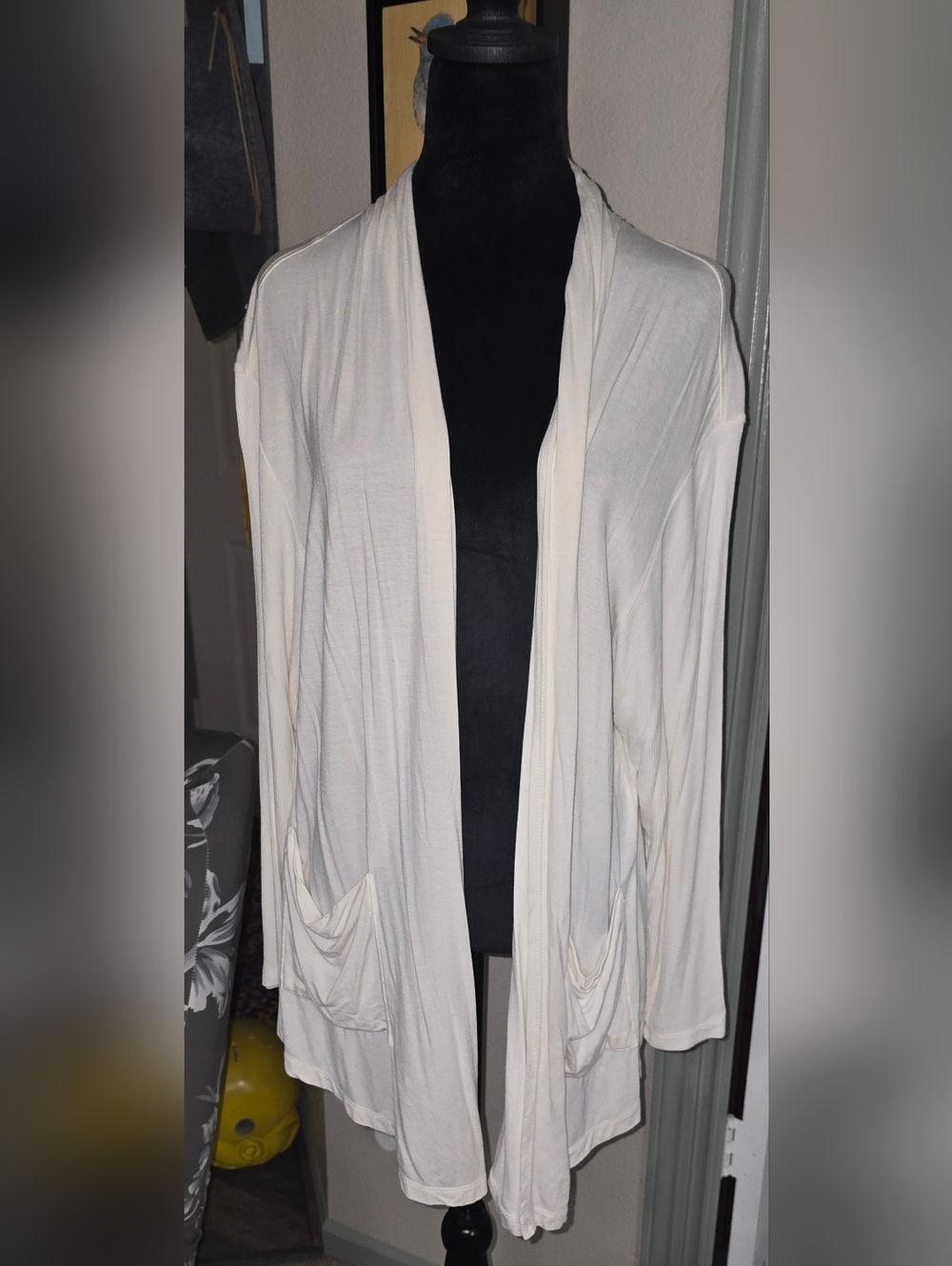LOGO by Lori Goldstein Ivory Open-Front Draped Cardigan